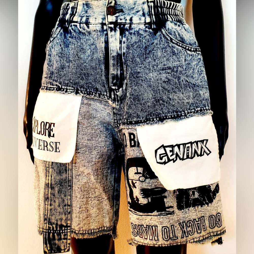 Evisu x Genanx Colorblock Patched Cargo Carpenter Bermuda Denim Shorts Jeans